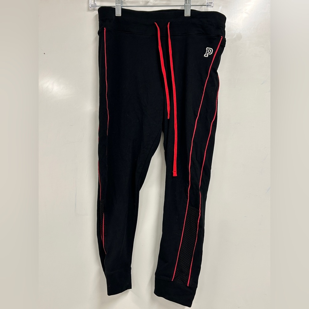 0371 Victoria’s Secret PINK Black Joggers Large pink Stripe Athletic Y2K Sweats